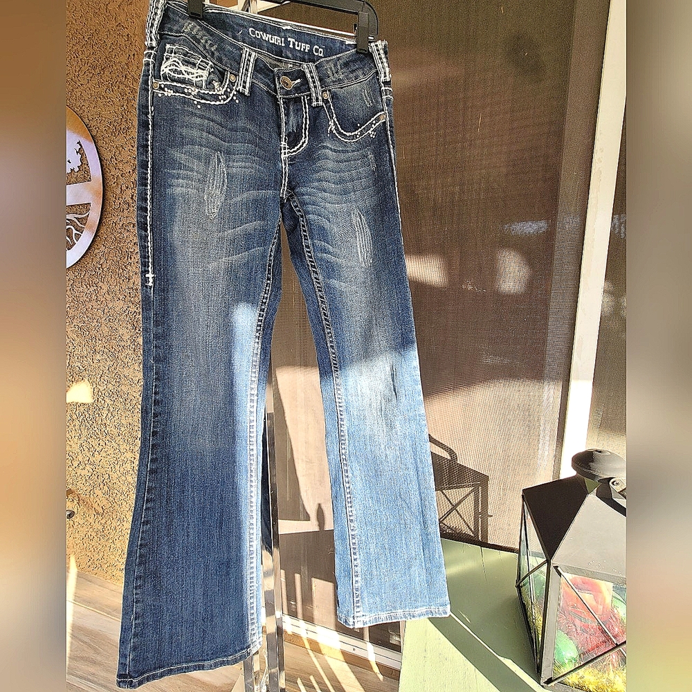 "Cowgirl TUFF Denim Jeans with Sparkling Rhinestone Pockets"